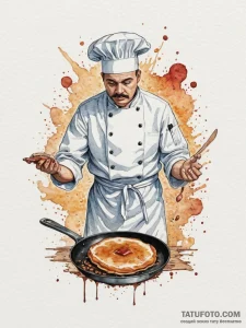A chef flipping a pancake in a pan., concept... - эскиз тату (№1755591583_0, 19.08.2025 08:19) — Tatufoto.com