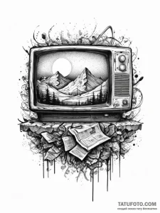 Tattoo sketch an old crt tv displaying a futu... - эскиз тату (№1755610827_0, 19.08.2025 13:40) — Tatufoto.com