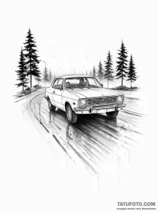 A car driving on a wet road at night, headlig... - эскиз тату (№1755611660_0, 19.08.2025 13:54) — Tatufoto.com