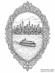 A ferry crossing a body of water with a city... - эскиз тату (№1755612687_0, 19.08.2025 14:11) — Tatufoto.com