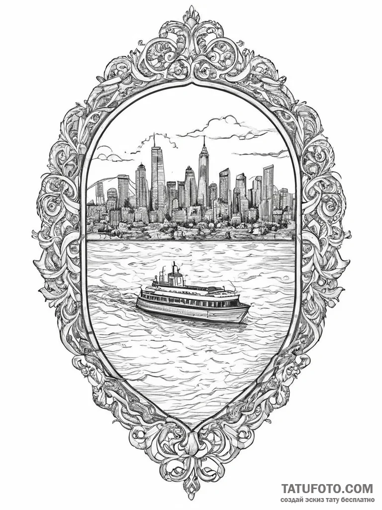 A ferry crossing a body of water with a city... - эскиз тату (№1755612687_0, 19.08.2025 14:11) — Tatufoto.com