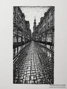 A rain-slicked cobblestone street in a histor... - эскиз тату (№1755613720_0, 19.08.2025 14:28) — Tatufoto.com