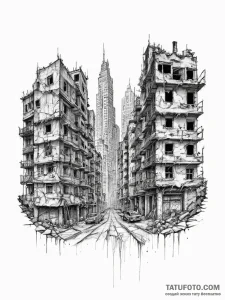 Tattoo sketch a post-apocalyptic cityscape wi... - эскиз тату (№1755617630_0, 19.08.2025 15:33) — Tatufoto.com