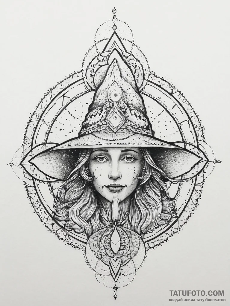 Tattoo sketch a wise old wizard's hat with gl... - эскиз тату (№1755618867_0, 19.08.2025 15:54) — Tatufoto.com