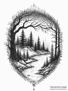 Tattoo design: a dark, mystical forest scene... - эскиз тату (№1755619269_0, 19.08.2025 16:01) — Tatufoto.com