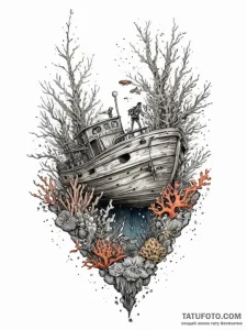 A diver discovering an old shipwreck overgrow... - эскиз тату (№1755635072_0, 19.08.2025 20:24) — Tatufoto.com