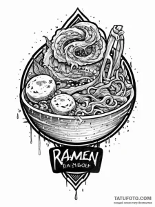 A neon ramen shop sign in the rain, ink illus... - эскиз тату (№1755635279_0, 19.08.2025 20:27) — Tatufoto.com