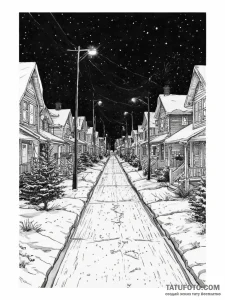 A quiet, snow-covered residential street in a... - эскиз тату (№1755661807_0, 20.08.2025 03:50) — Tatufoto.com