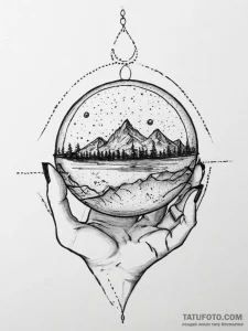 Tattoo sketch a crystal ball with a tiny, per... - эскиз тату (№1755705320_0, 20.08.2025 15:55) — Tatufoto.com