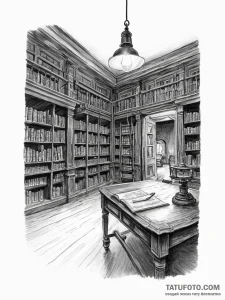 The interior of an old, dusty library at nigh... - эскиз тату (№1755730076_0, 20.08.2025 22:47) — Tatufoto.com