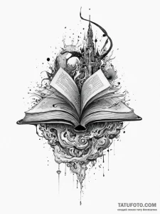 A book with a fantasy world growing from its... - эскиз тату (№1755731122_0, 20.08.2025 23:05) — Tatufoto.com
