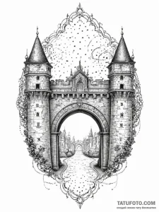 Tattoo sketch a fortified city gate, symboliz... - эскиз тату (№1755735268_0, 21.08.2025 00:14) — Tatufoto.com