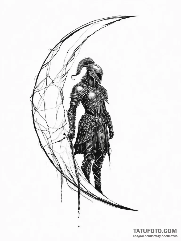 Tattoo design a crescent moon with a warrior'... - эскиз тату (№1755736070_0, 21.08.2025 00:27) — Tatufoto.com