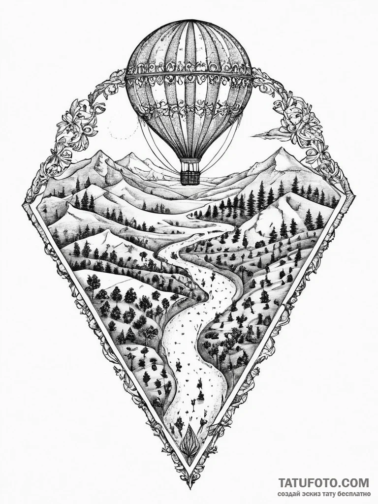 A view from a hot air balloon, looking down o... - эскиз тату (№1755736657_0, 21.08.2025 00:37) — Tatufoto.com