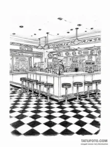 A photo of a bustling 1950s american diner wi... - эскиз тату (№1755741227_0, 21.08.2025 01:53) — Tatufoto.com