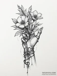 Robotic hand holding a real flower, tattoo li... - эскиз тату (№1755742426_0, 21.08.2025 02:13) — Tatufoto.com