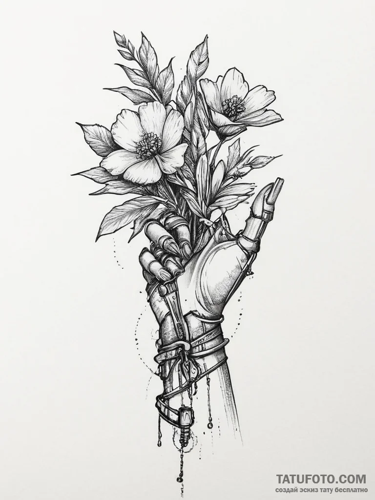 Robotic hand holding a real flower, tattoo li... - эскиз тату (№1755742426_0, 21.08.2025 02:13) — Tatufoto.com