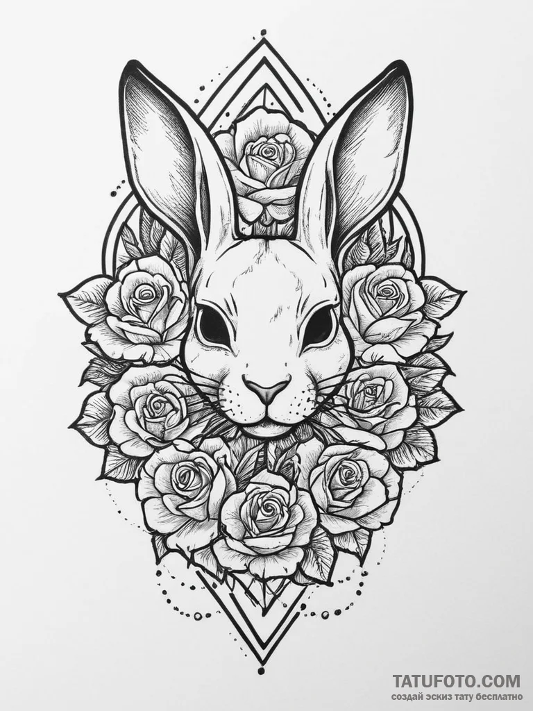 Rabbit, ink illustration for tattoo, black an... - эскиз тату (№1755748609_0, 21.08.2025 03:56) — Tatufoto.com