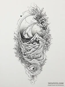 Tattoo sketch a serene ocean scene with a sin... - эскиз тату (№1755750408_0, 21.08.2025 04:26) — Tatufoto.com