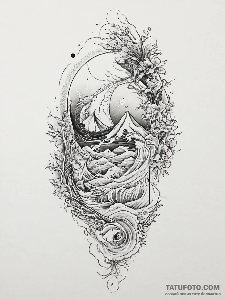 Tattoo sketch a serene ocean scene with a sin... - эскиз тату (№1755750408_0, 21.08.2025 04:26) — Tatufoto.com