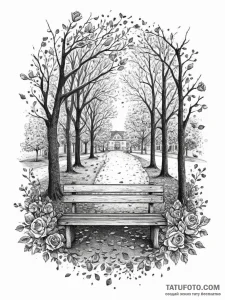 A lonely bench in a city park during autumn,... - эскиз тату (№1755782144_0, 21.08.2025 13:15) — Tatufoto.com