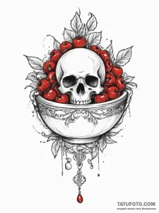 A bowl of ripe, red cherries., tattoo sketch... - эскиз тату (№1755784105_0, 21.08.2025 13:48) — Tatufoto.com