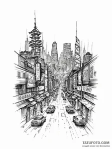 The neon-lit, cyberpunk-esque streets of a fu... - эскиз тату (№1755796665_0, 21.08.2025 17:17) — Tatufoto.com