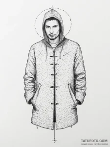 Tattoo sketch duffel coat with a quote, conce... - эскиз тату (№1755816303_0, 21.08.2025 22:45) — Tatufoto.com