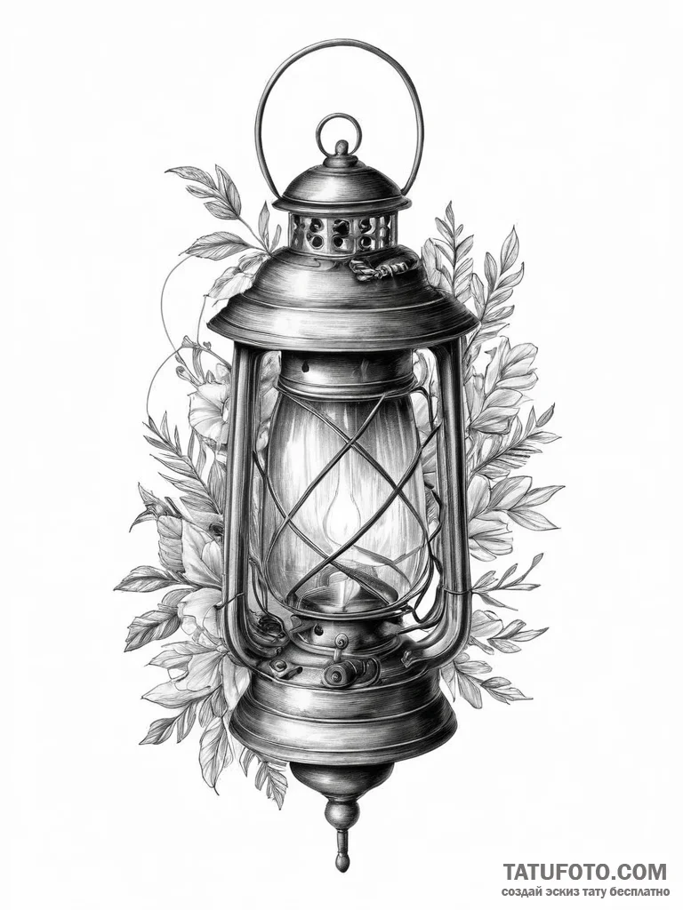 Tattoo sketch lantern with a plant inside, co... - эскиз тату (№1755819705_0, 21.08.2025 23:41) — Tatufoto.com