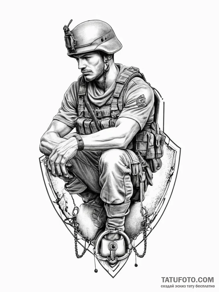 Tattoo sketch soldier with a lock - эскиз тату (№1755823154_0, 22.08.2025 00:39) — Tatufoto.com
