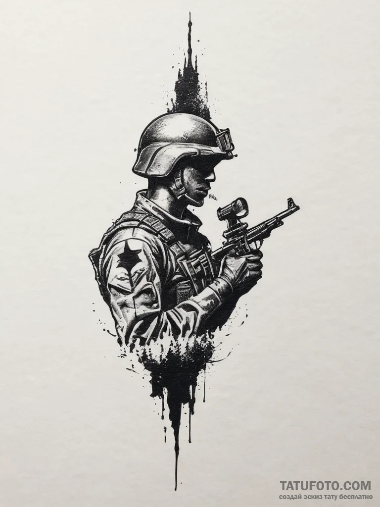 Tattoo sketch soldier's silhouette against th... - эскиз тату (№1755823750_0, 22.08.2025 00:49) — Tatufoto.com