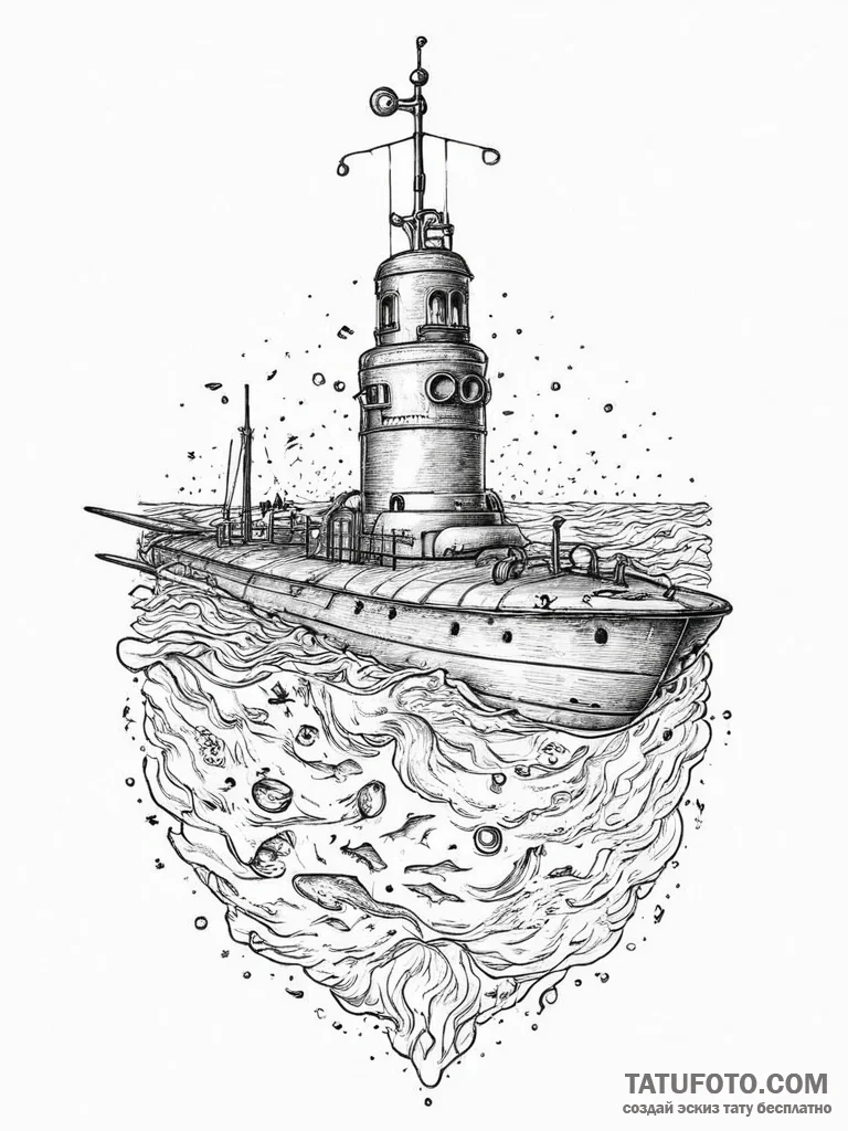 Tattoo sketch ocean exploration with a submar... - эскиз тату (№1755825143_0, 22.08.2025 01:12) — Tatufoto.com