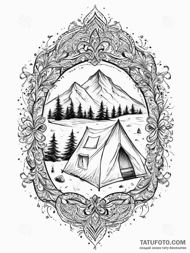 Tattoo sketch camping a person in a tent, tat... - эскиз тату (№1755828350_0, 22.08.2025 02:05) — Tatufoto.com