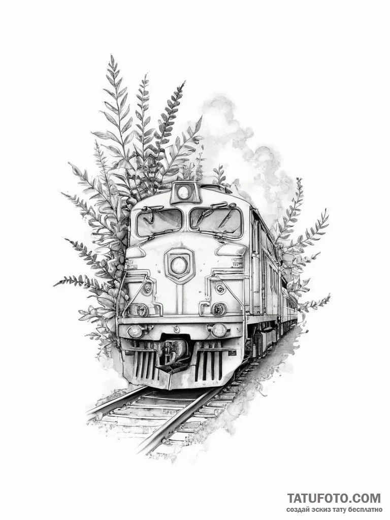 Tattoo sketch train with a plant - эскиз тату (№1755833170_0, 22.08.2025 03:26) — Tatufoto.com