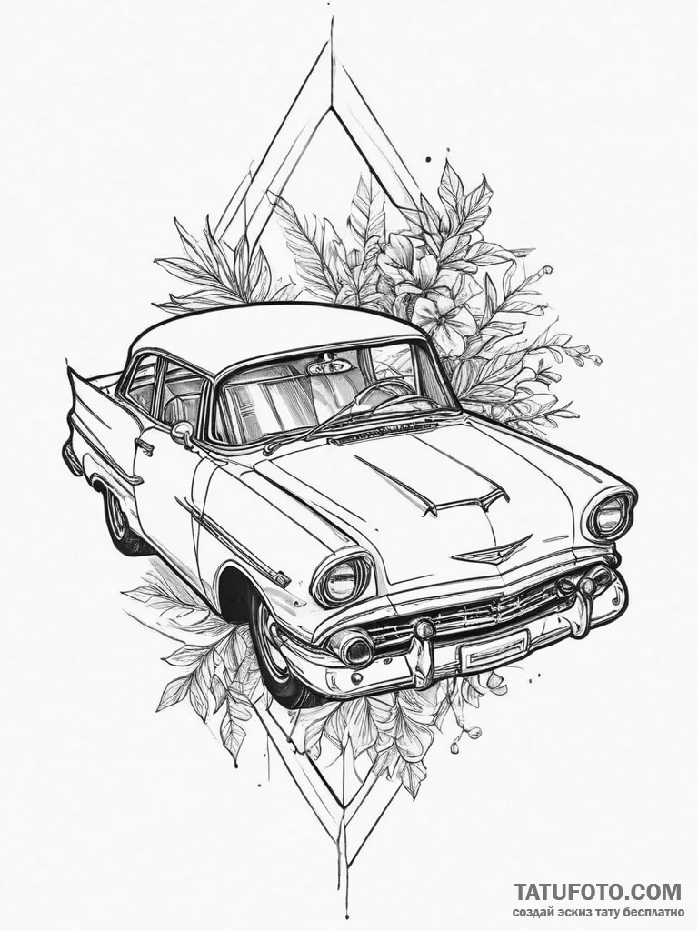Tattoo sketch car with a plant, artistic tatt... - эскиз тату (№1755833376_0, 22.08.2025 03:29) — Tatufoto.com