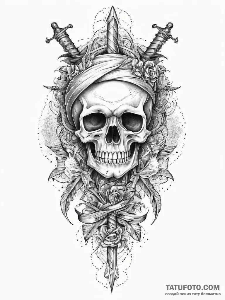 Tattoo sketch узор в виде черепа с кинжалом,... - эскиз тату (№1755838955_0, 22.08.2025 05:02) — Tatufoto.com