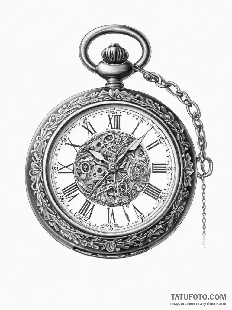 Tattoo sketch antique pocket watch with a cha... - эскиз тату (№1755842293_0, 22.08.2025 05:58) — Tatufoto.com