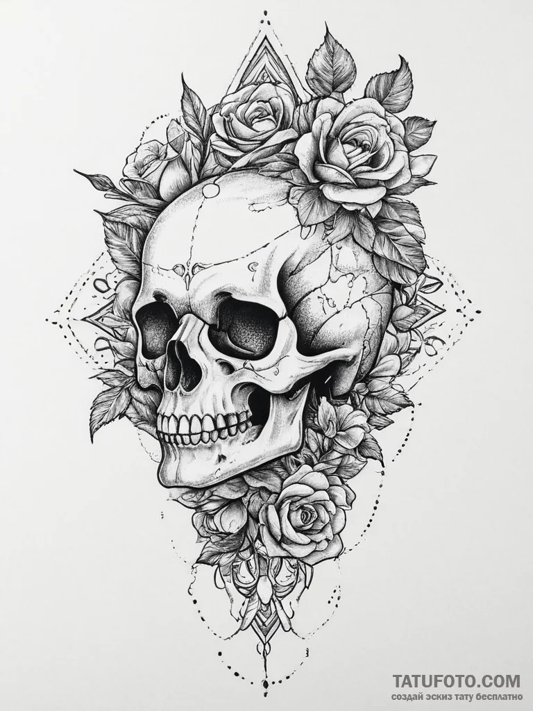 Tattoo sketch узор в виде черепа с цветами, t... - эскиз тату (№1755861323_0, 22.08.2025 11:15) — Tatufoto.com