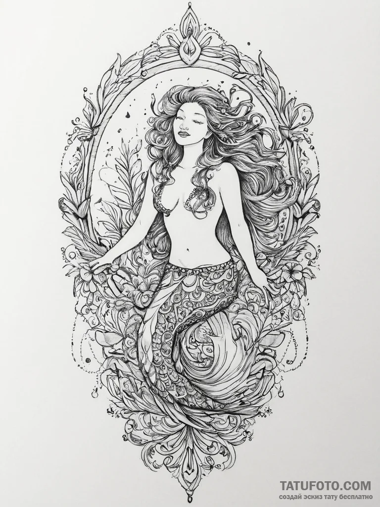 Tattoo sketch mermaid singing, concept art fo... - эскиз тату (№1755876383_0, 22.08.2025 15:26) — Tatufoto.com
