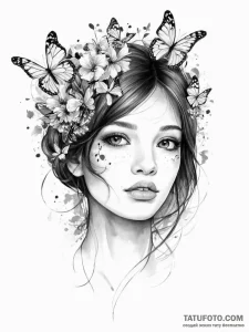 Tattoo sketch портрет девушки с бабочками - эскиз тату (№1755877801_0, 22.08.2025 15:50) — Tatufoto.com