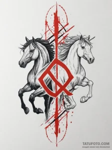 Tattoo sketch ehwaz rune with two horses runn... - эскиз тату (№1755891246_0, 22.08.2025 19:34) — Tatufoto.com