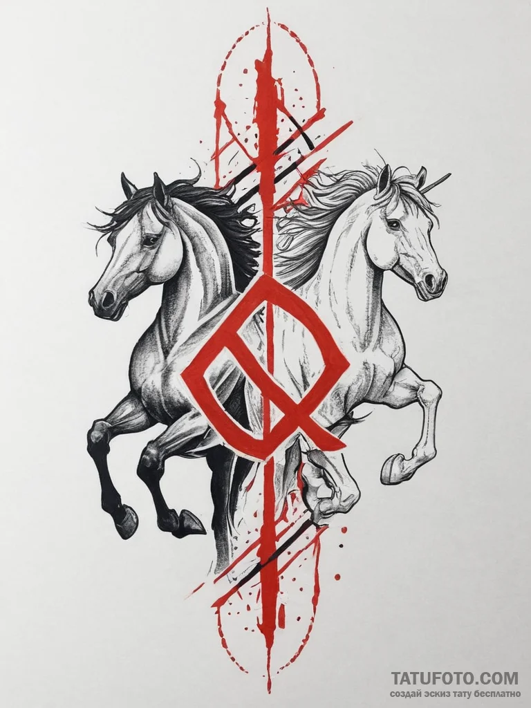 Tattoo sketch ehwaz rune with two horses runn... - эскиз тату (№1755891246_0, 22.08.2025 19:34) — Tatufoto.com