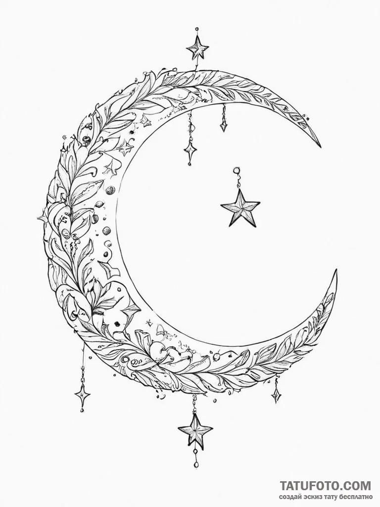 Tattoo sketch crescent moon and stars - эскиз тату (№1755897840_0, 22.08.2025 21:24) — Tatufoto.com