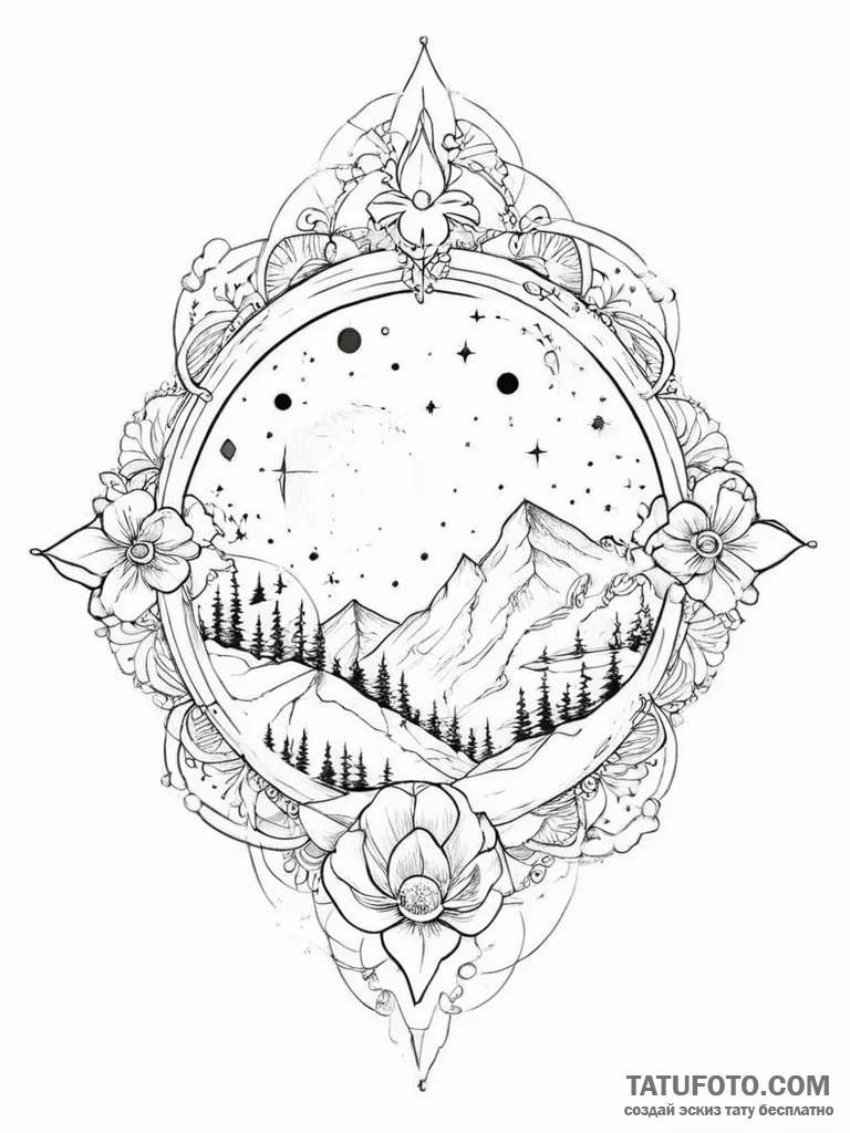 Tattoo sketch celestial landscape - эскиз тату (№1755902983_0, 22.08.2025 22:49) — Tatufoto.com