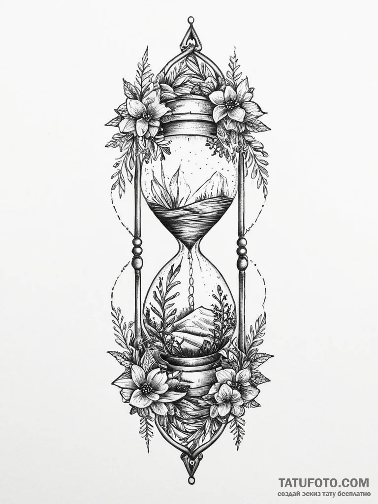Tattoo sketch hourglass with plants inside, t... - эскиз тату (№1755904955_0, 22.08.2025 23:22) — Tatufoto.com