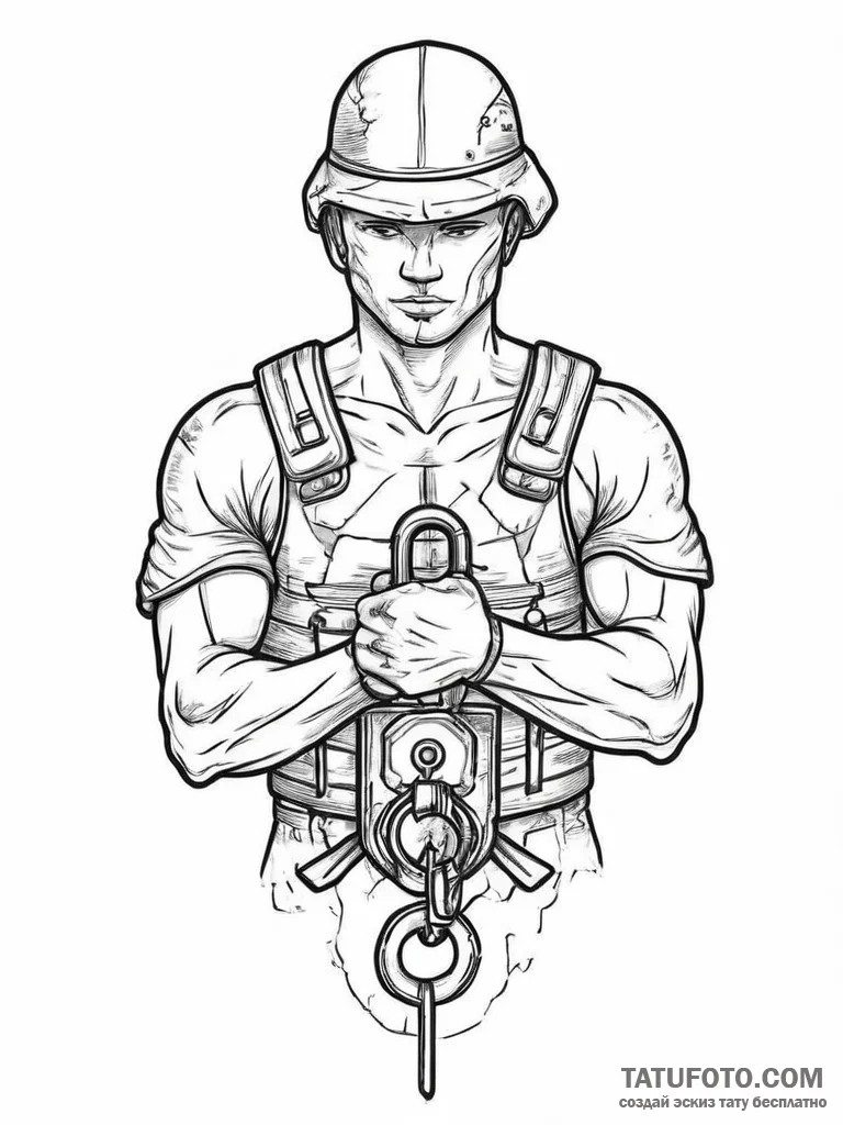 Tattoo sketch soldier with a lock, tattoo lin... - эскиз тату (№1755905546_0, 22.08.2025 23:32) — Tatufoto.com