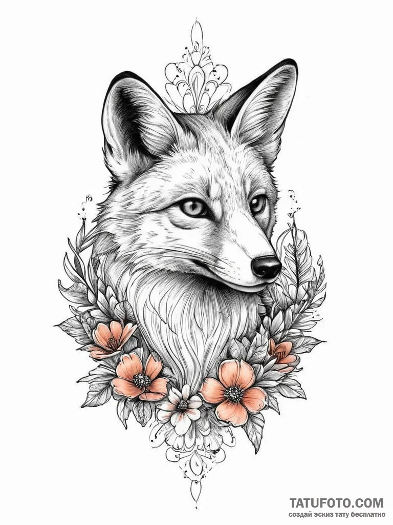 Tattoo sketch лиса с цветами, tattoo flash sh... - эскиз тату (№1755910511_0, 23.08.2025 00:55) — Tatufoto.com