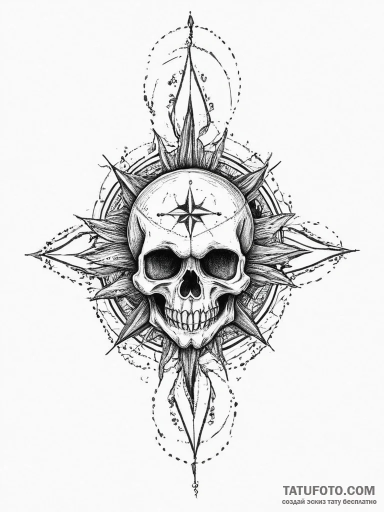 Tattoo sketch череп с розой ветров, artistic... - эскиз тату (№1755918067_0, 23.08.2025 03:01) — Tatufoto.com