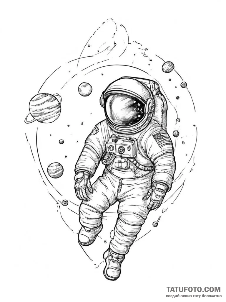 Tattoo sketch astronaut with planet - эскиз тату (№1755920029_0, 23.08.2025 03:33) — Tatufoto.com