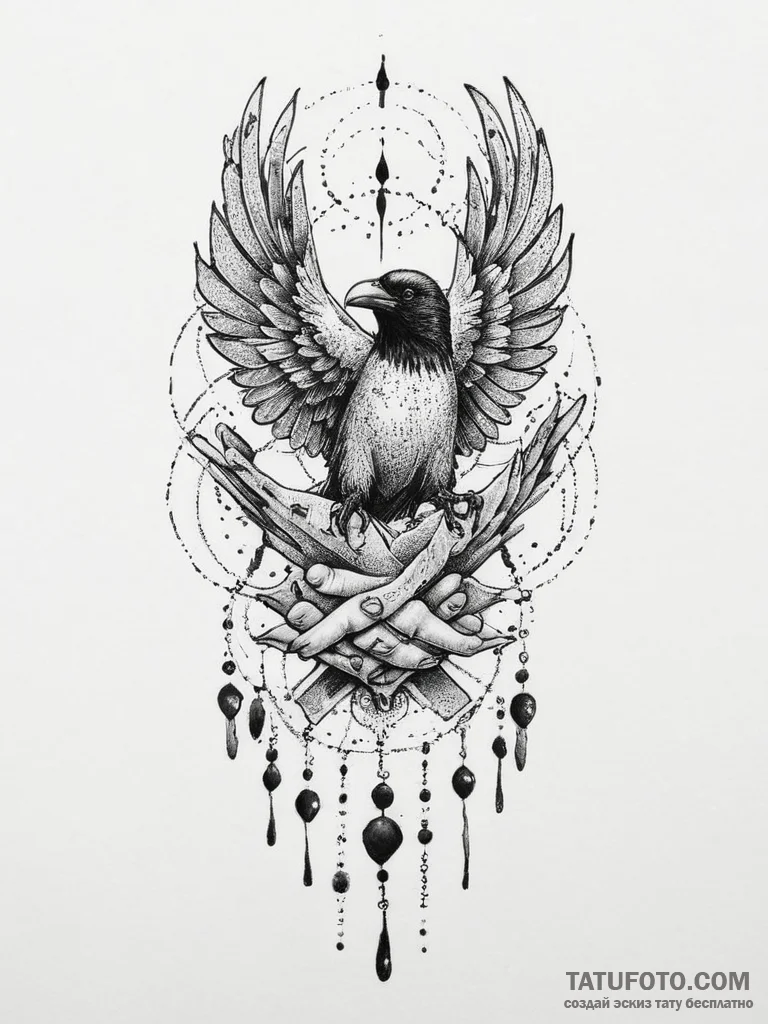 Tattoo sketch hands with a raven, tattoo flas... - эскиз тату (№1755923026_0, 23.08.2025 04:23) — Tatufoto.com